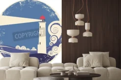 Naklejka: Latarnia morska w morzu landscape.vintage ilustracji na starym