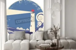 Naklejka: Latarnia morska w morzu landscape.vintage ilustracji na starym