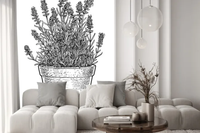 Naklejka: Lawenda w puli ilustracja, rysunek, grawerowanie, atrament, grafika