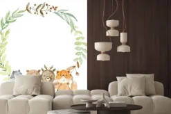 Naklejka: Leśne zwierzęta i zielony wieniec z liści