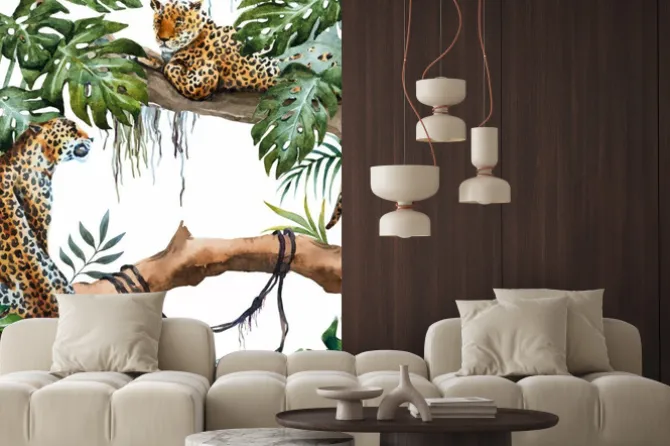 Naklejka: Liście monstery i lamparty na gałęziach