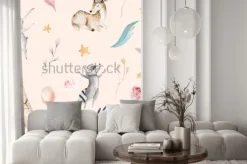 Naklejka: Śliczni rodzinni dzieci raccon, rogacz i królik. żyrafa zwierząt