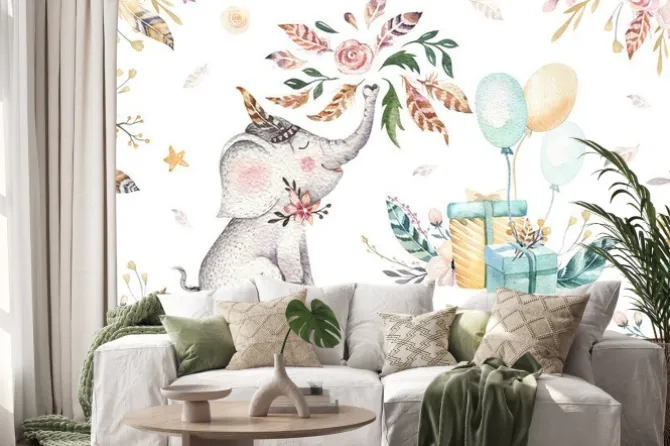 Naklejka: Śliczny słonik i urodzinowe prezenty