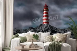 Naklejka: Lighthouse with dark storm clouds on a rock island for strategic