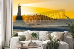 Naklejka: Lighthouse with light beam on ocean