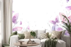 Naklejka: Lilac, pink and blue butterflies with splashes of paint. watercolor