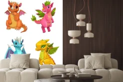 Naklejka: Little cute cartoon dragons set. colotful fantasy monsters.