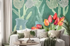 Naklejka: Live flowers and childrens chalk drawing of tulips on a blackboard