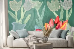 Naklejka: Live flowers and childrens chalk drawing of tulips on a blackboard