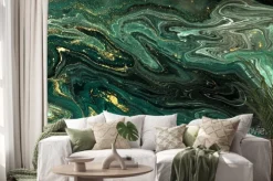 Naklejka: Luksusowy zielony marmur ze złotymi zdobieniami