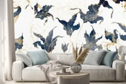 Naklejka: Luxury abstract art background with flowers and leaves in blue