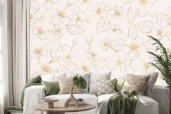 Naklejka: Luxury gold cherry blossom line art background vector. natural