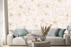 Naklejka: Luxury gold cherry blossom line art background vector. natural