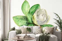 Naklejka: Magnolia branch with leaves and white flower isolated on white