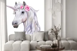 Naklejka: Malowany jednorożec z różowymi różami