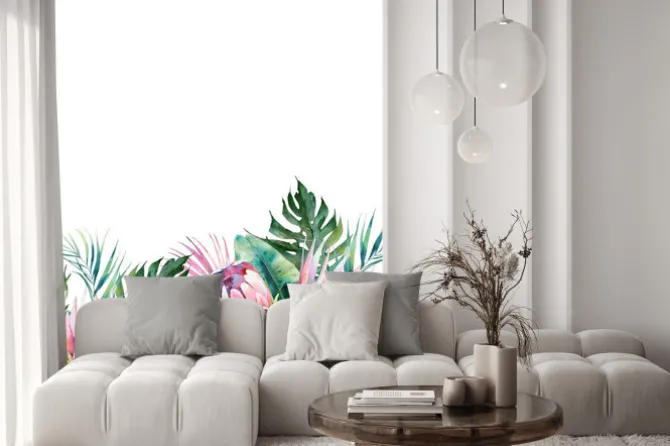 Naklejka: Malunek egzotycznych kwiatów i liści