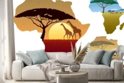 Naklejka: Mapa afryki krajobrazy / trzy afrykańskie krajobrazy mapie afryki.