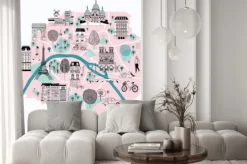 Naklejka: Mapa paryża z atrakcjami i zabytkami w stylu rysunkowym