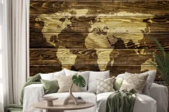 Naklejka: Mapa świata na tle drewna