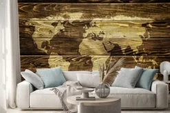 Naklejka: Mapa świata na tle drewna