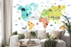 Naklejka: Mapa świata z dzikimi zwierzętami żyjącymi na różnych kontynentach