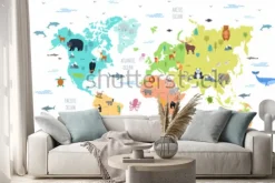 Naklejka: Mapa świata z dzikimi zwierzętami żyjącymi na różnych kontynentach