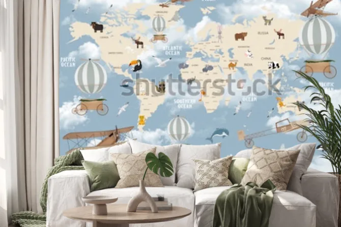 Naklejka: Mapa świata z samolotami i balonami na tle chmur