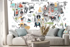 Naklejka: Mapa świata ze zwierzętami dla dzieci