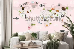 Naklejka: Mapa świata ze zwierzętami dla maluchów