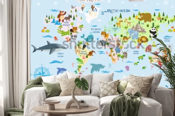 Naklejka: Mapa świata ze zwierzętami / och, miejsca, do których pojedziesz