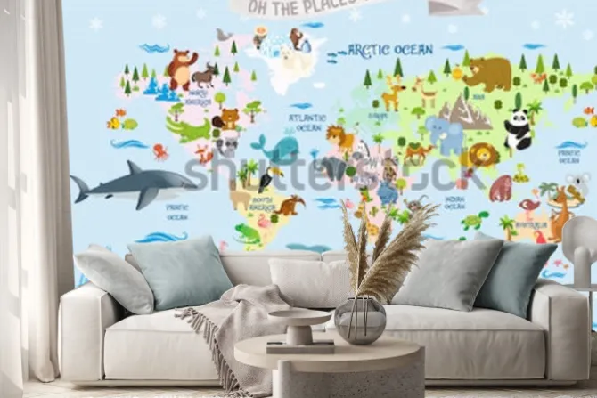 Naklejka: Mapa świata ze zwierzętami / och, miejsca, do których pojedziesz