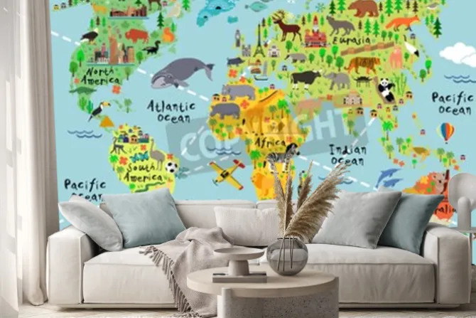 Naklejka: Mapa świata ze zwierzątkami dla dzieci