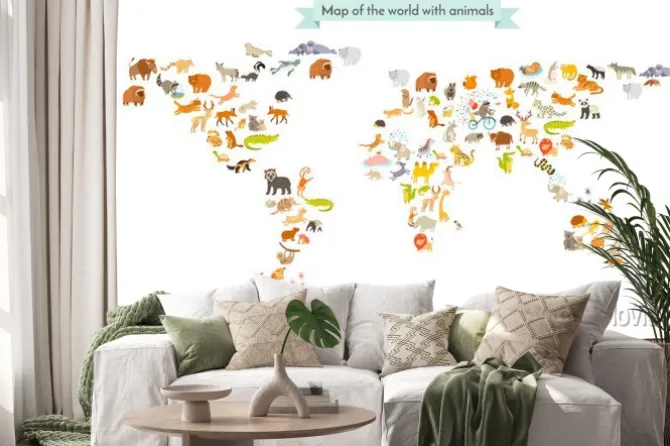 Naklejka: Mapa świata zwierząt z ikonkami
