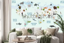 Naklejka: Mapa świata zwierzęta na tapetę do pokoju dziecięcego