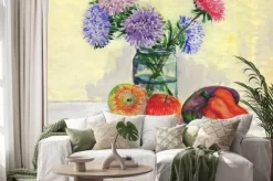 Naklejka: Martwa natura. bukiet asters, jabłka, papryka, bakłażan. akwarela