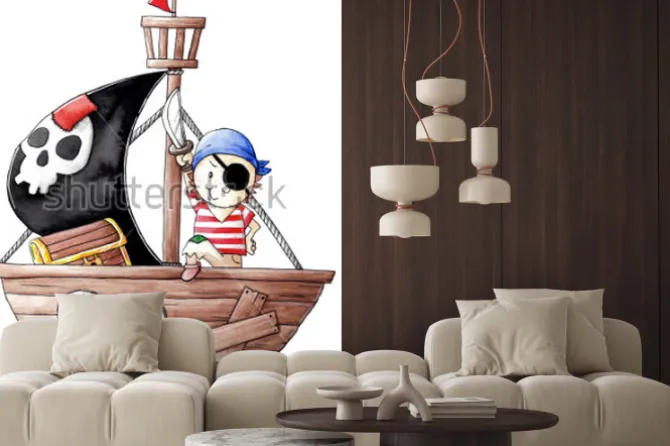 Naklejka: Mały pirat na statku w stylu kreskówki