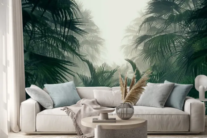 Naklejka: Mglista tropikalna dżungla i bujna roślinność