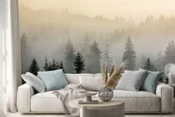 Naklejka: Mglisty poranek nad sosnowym lasem