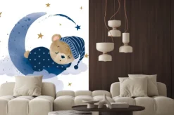 Naklejka: Miś śpiący na księżycu akwarela