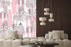 Naklejka: Modern new york city scape in pink colour. girlish superhero