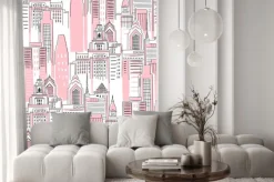 Naklejka: Modern new york city scape in pink colour. girlish superhero