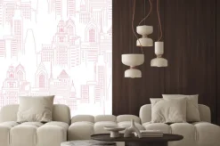 Naklejka: Modern new york city scape in pink colour. girlish superhero