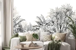 Naklejka: Monochromatyczna grafika z tropikalnymi liśćmi