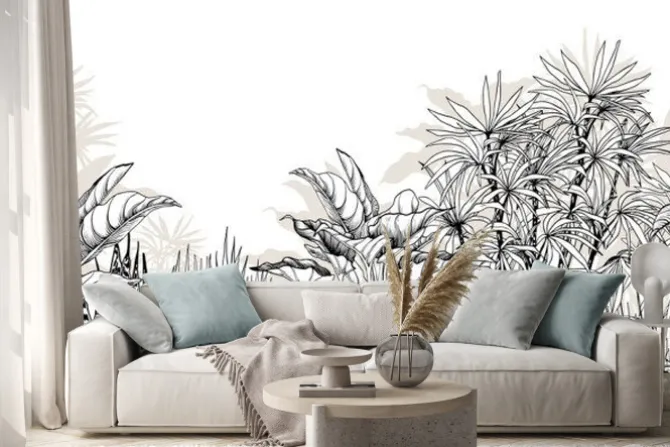 Naklejka: Monochromatyczna grafika z tropikalnymi liśćmi