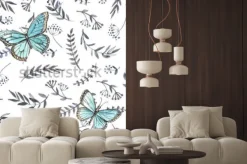 Naklejka: Monochromatyczne akwarela kwiatowy bezszwowe z motylami. ręczne