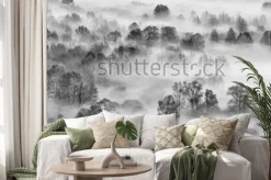 Naklejka: Monochromatyczne drzewa tonące we mgle