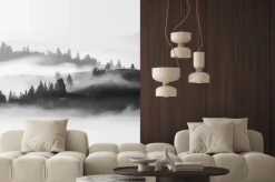 Naklejka: Monochromatyczny pejzaż z lasem we mgle