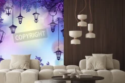 Naklejka: Morning background with tree branches and retro street lamps