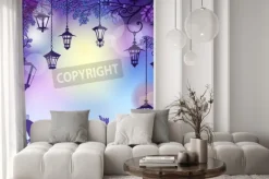 Naklejka: Morning background with tree branches and retro street lamps