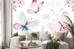 Naklejka: Motyle i kwiaty w pastelowych barwach